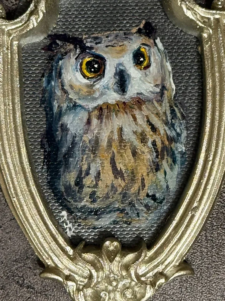 Owl Oil Painting Original In Vintage Style Frame Small Framed Bird Art Baby Owl