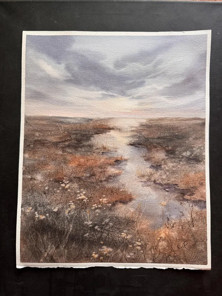Meadow Original Watercolor Painting Field Landscape Wildflowers Art