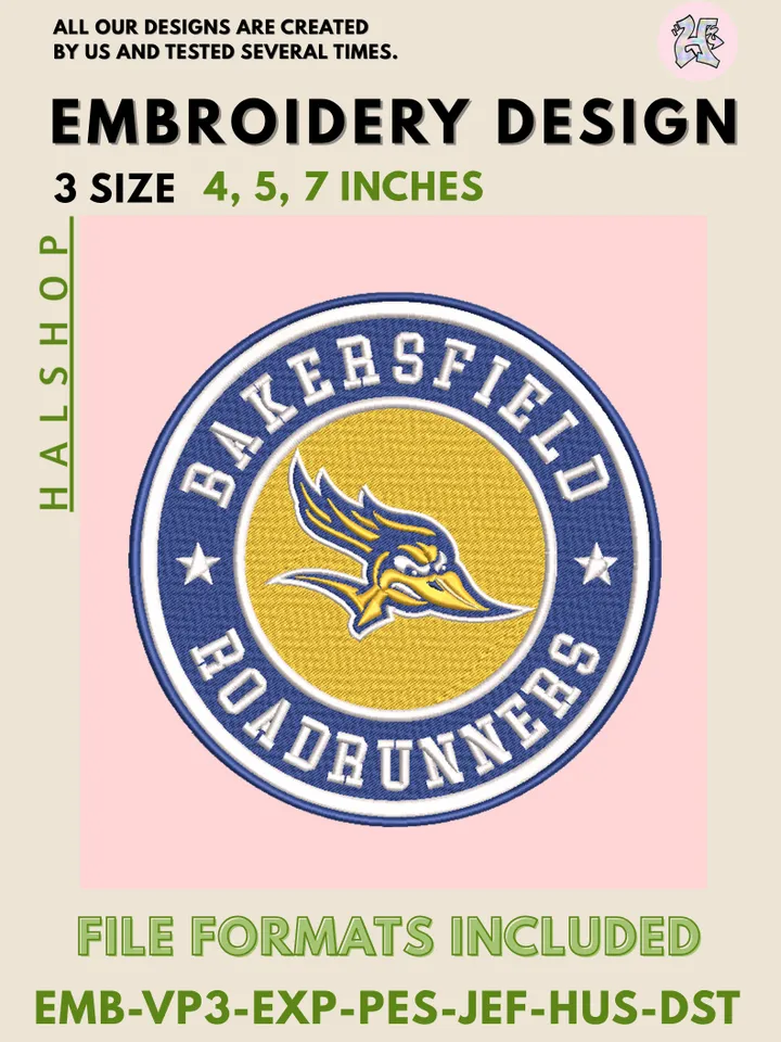 NCAA Cal State Bakersfield Roadrunners Logo Embroidery Design, College Team Machine Embroidery Files, Digital Download