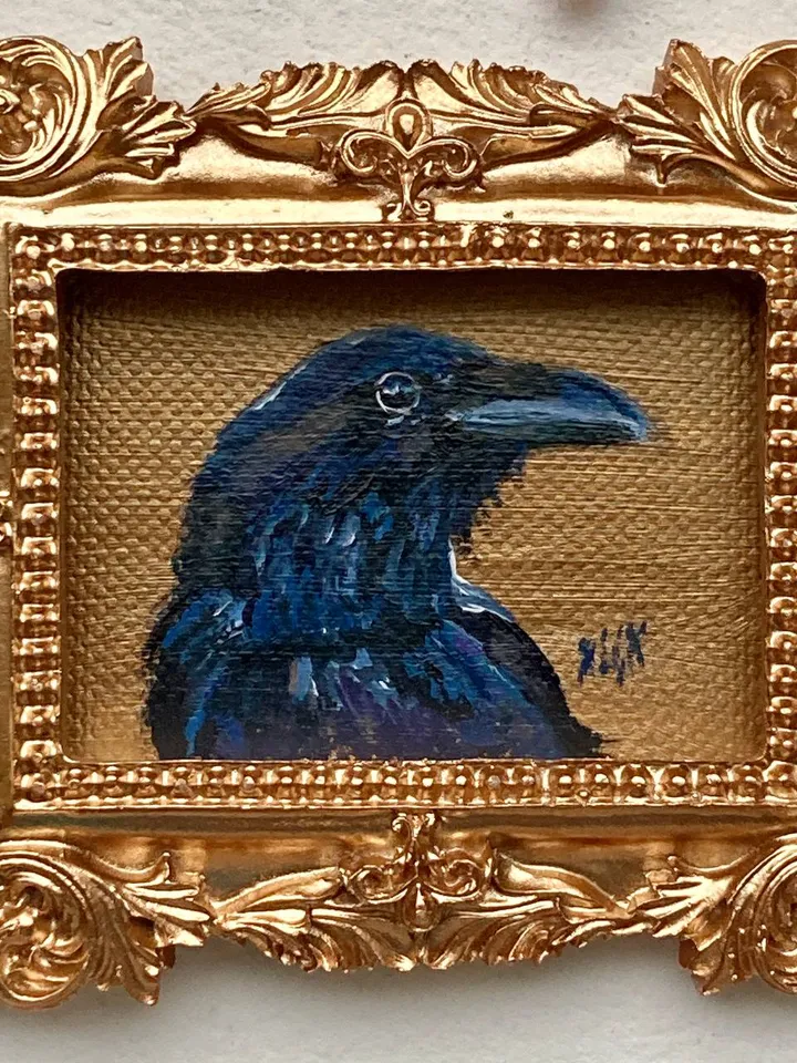 Framed Raven Painting Small Original Corvid Artwork Crow Art Tiny Oil Painting Framed Bird Painting