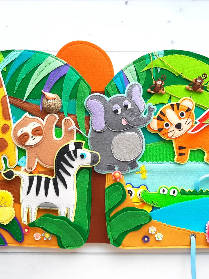 Jungle Quiet Book pattern PDF, Felt book pattern, Soft montessori book template, Felt jungle animals pattern, Felt Activity Book pdf ideas