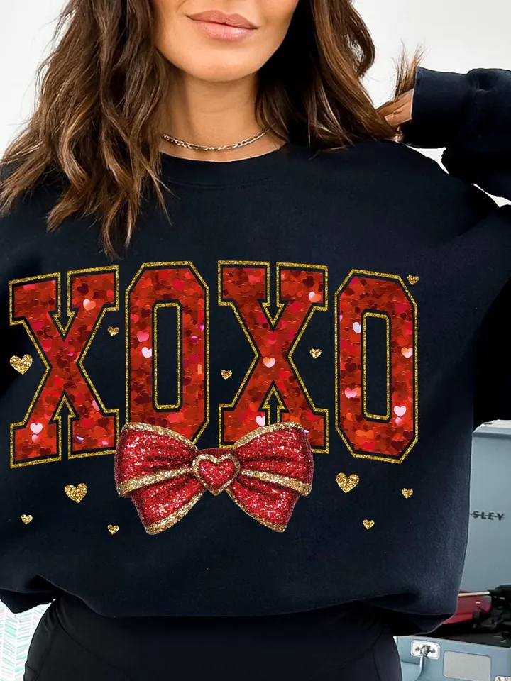 Valentine XOXO Coquette Sparkly Glitter Png, Valentines Day Shirt Design, Valentines Day PNG, Xoxo PNG, Red Faux Sequins Valentines Png