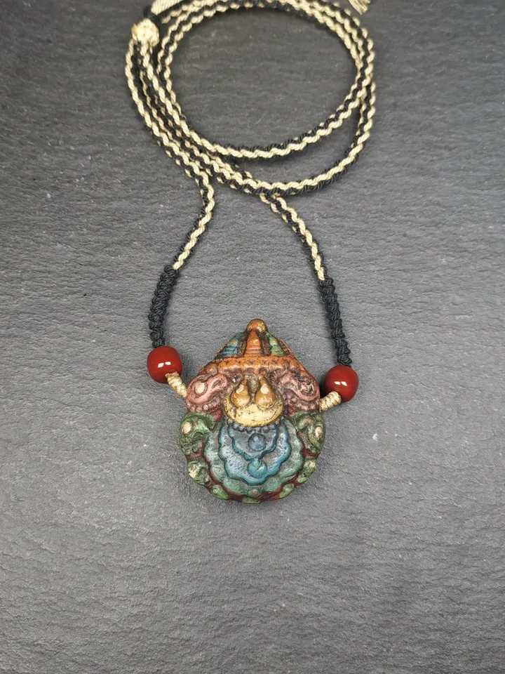 Gandhanra Old Tibetan Stupa Tsa Tsa Amulet, Double-sided Stupa and Scorpion Guru of Padmasambhava, Scorpion Terma Pendant,30 Years Old
