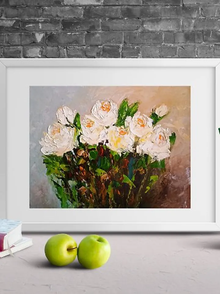 Roses White Flowers Original Oil Painting / Home Decoration / Composition / Art