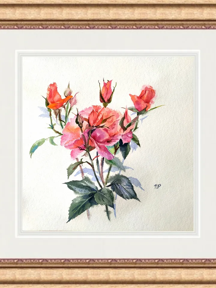 Rose Painting Floral original art 12 by 12 Red Flower watercolor square wall art Rose aquarelle by Natalia Plotnikova