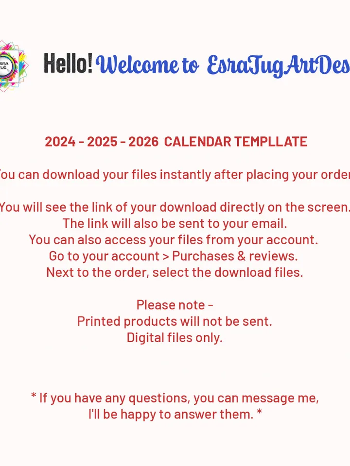 2024-2025-2026 Yearly Calendar, Monday and Sunday Start, One Page Calendar, Transparent Calendar, Ai/Pdf/Svg/Png Calendar Template