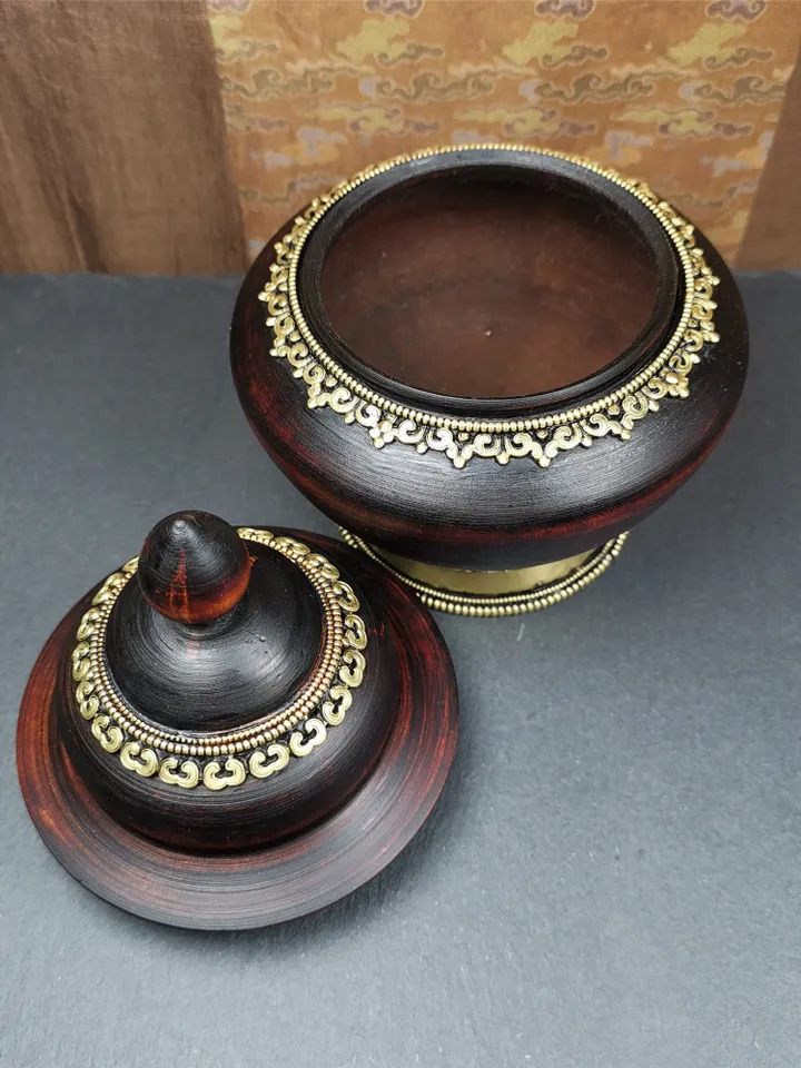 Gandhanra Handmade Tibetan Buddhist Offering Bowl,Shesum Wooden Bowl,Ritual Implement of Lama,6.3" × 4.0”