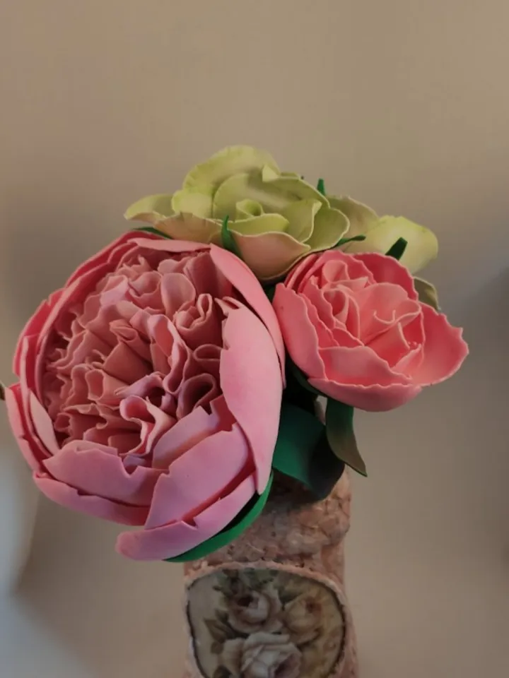 Artificial roses and eustomas in a vase/ handmade artificial flowers/ floral arrangements/ gifts for her/home decoration