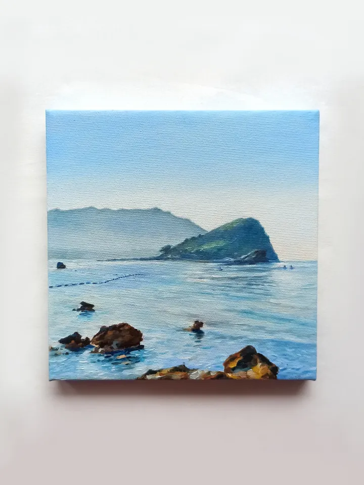 Seascape, Bay in Montenegro, Sea and mountains, Original oil painting on canvas 20x20 cm