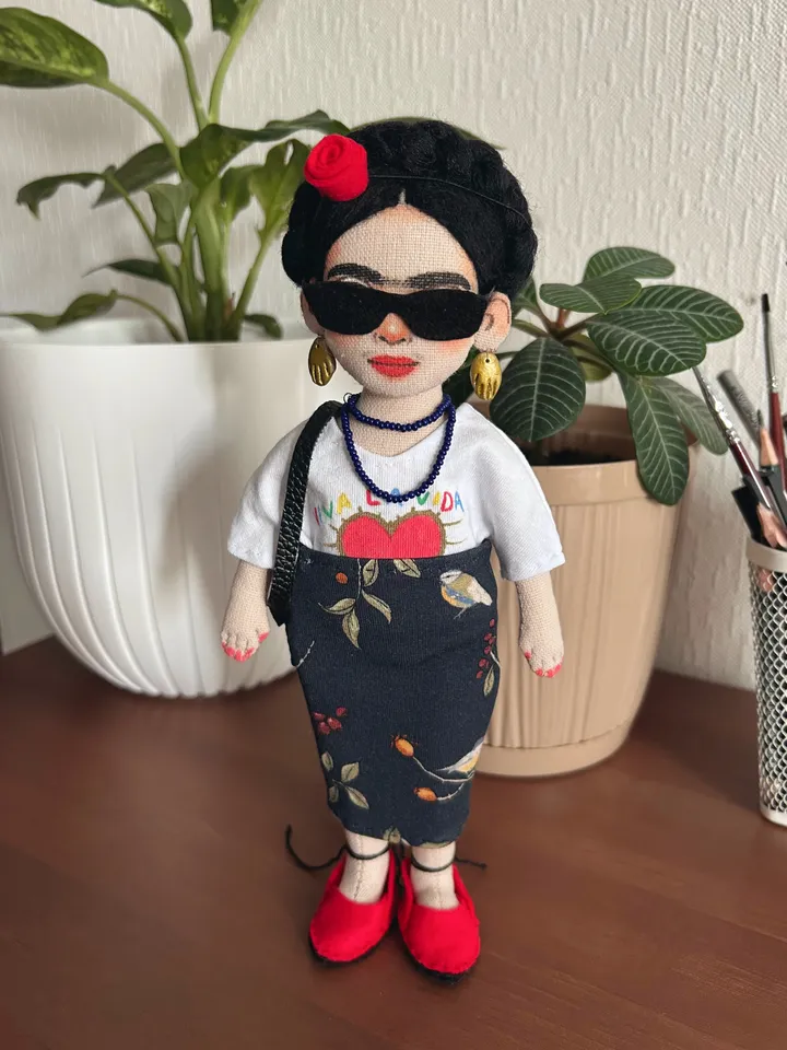 Textile art doll inspired by Frida Kahlo