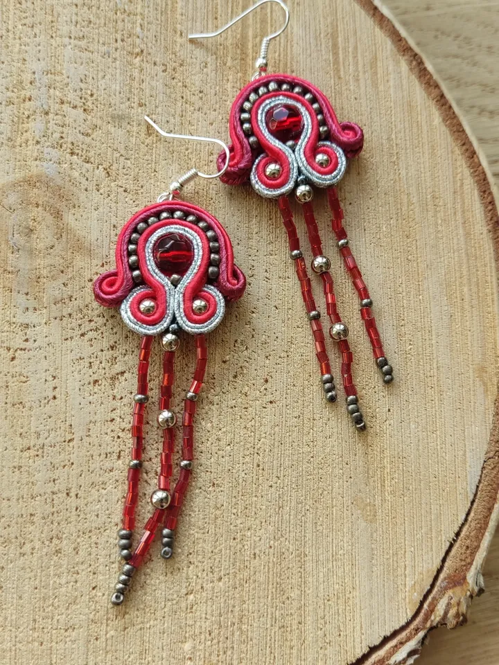 Red earrings, Long beaded earrings, tassel earrings, embroidered soutache earrings
