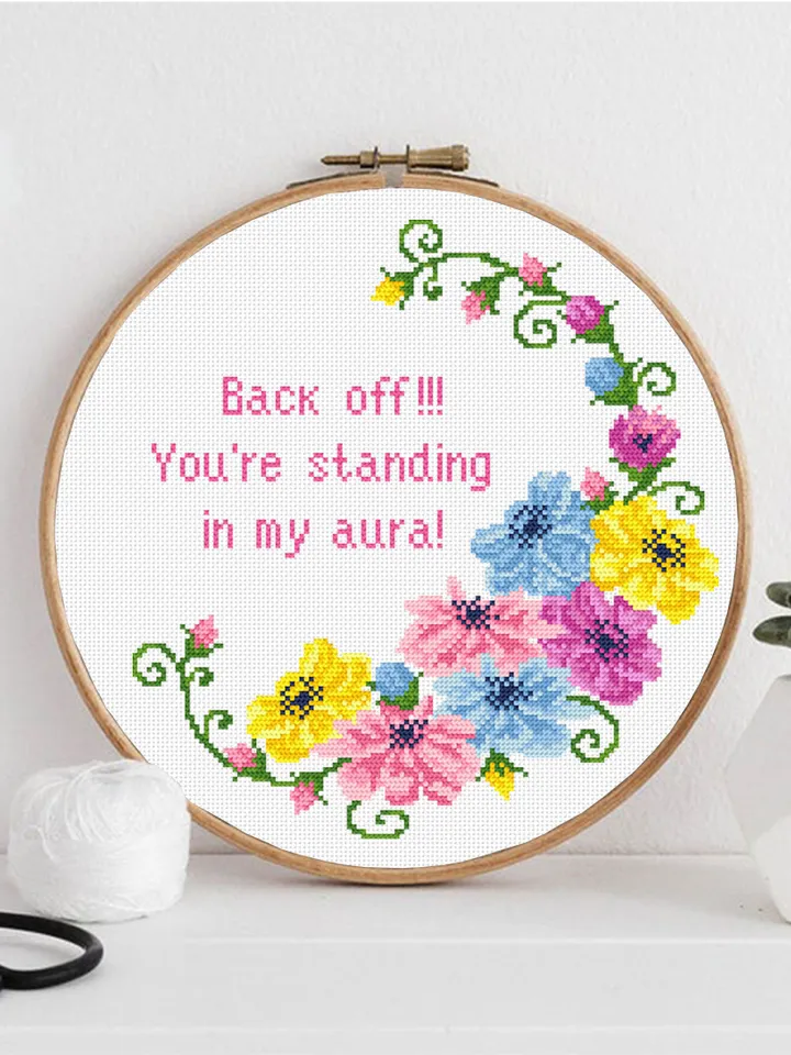 Funny framed quote cross stitch pattern PDF Floral frame cross stitch chart, Flower wreath cross stitch Instant download PDF, Back off #Q33