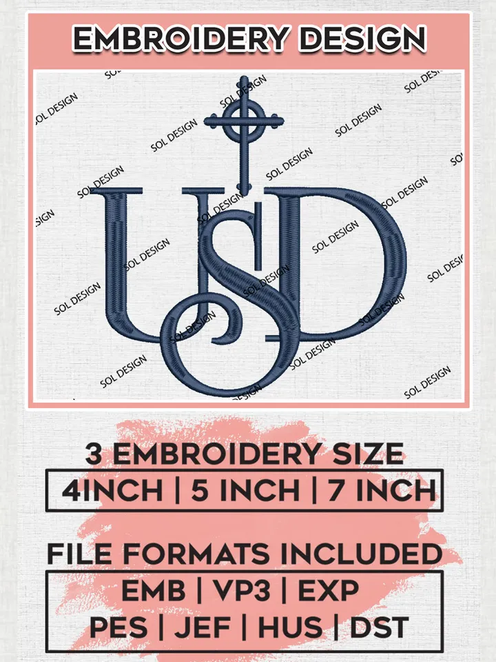 USD Toreros College Football Team Logo Embroidery Design Files, NCAA San Diego Toreros Machine Embroidery, NCAA Teams, Game Day, 3 sizes, NCAA Machine embroidery designs, Digital Download