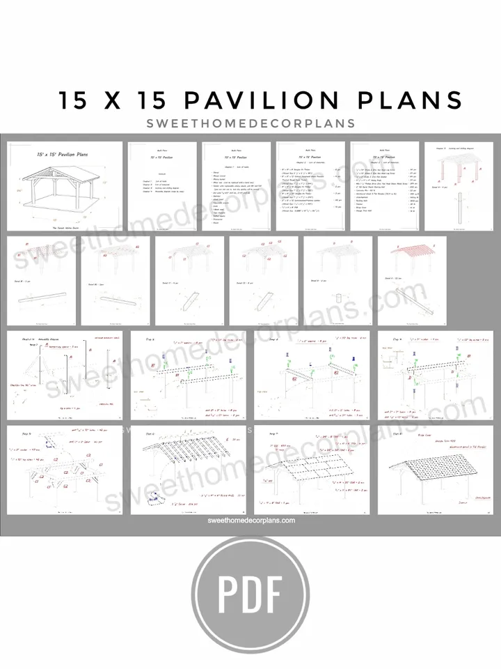 Diy 15 x 15 gable pavilion plans in pdf. Carport plans. Wooden square outdoor gazebo plans. Backyard pergola plans pdf.