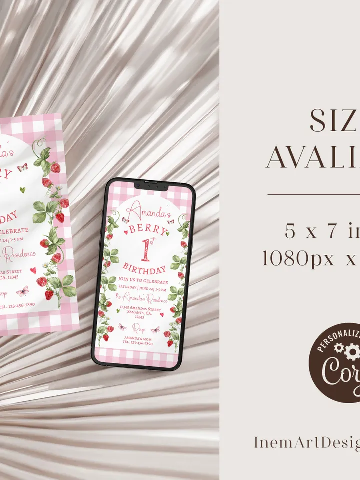 EDITABLE Pink Gingham Berry First Birthday Invitation, Berry First Birthday Digital Invitation Birthday, Strawberry First Birthday Invite
