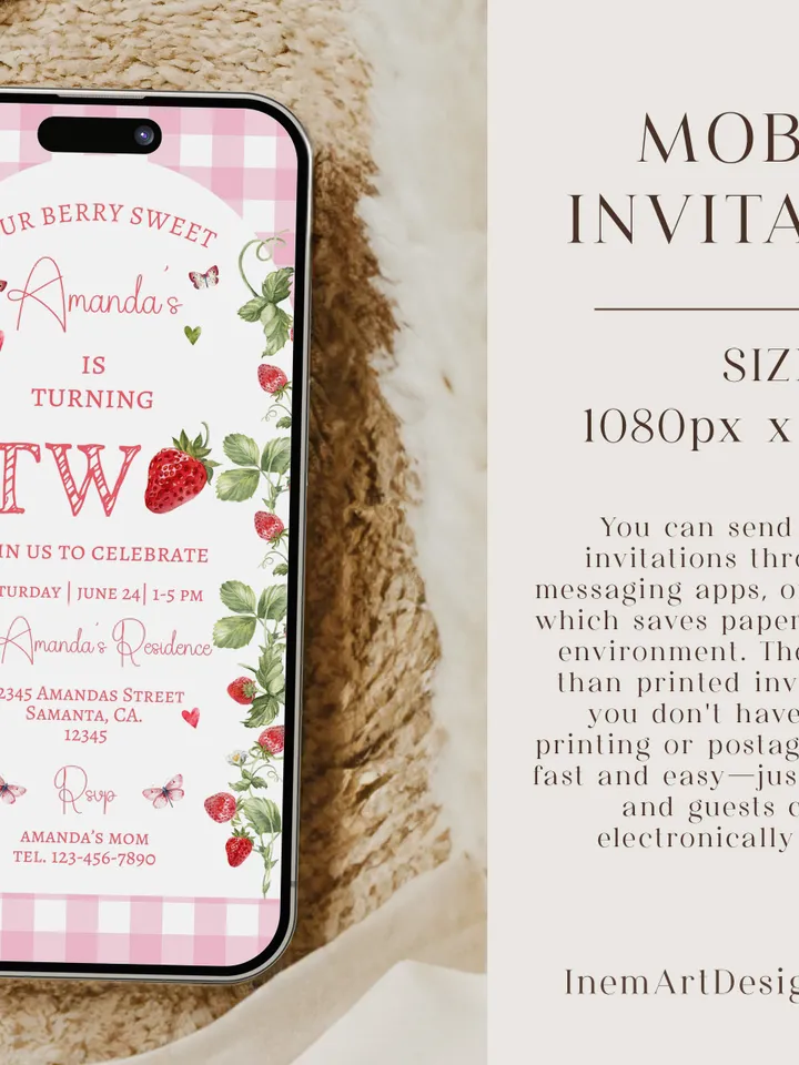 Editable Strawberry Two Sweet 2nd Birthday Party Invitation Berry First Birthday Invitation Summer Berries 2nd Birthday Instant Download