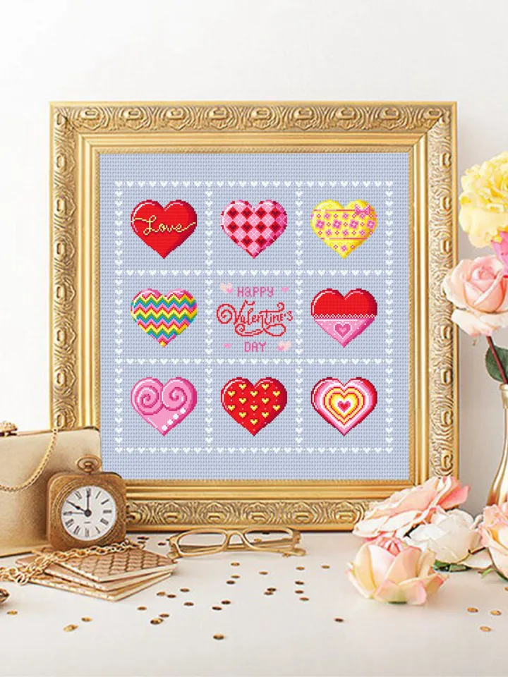 Love hearts cross stitch pattern PDF download Sampler cross stitch funny valentine, Happy Valentines day, Small heart cross stitch chart #T8