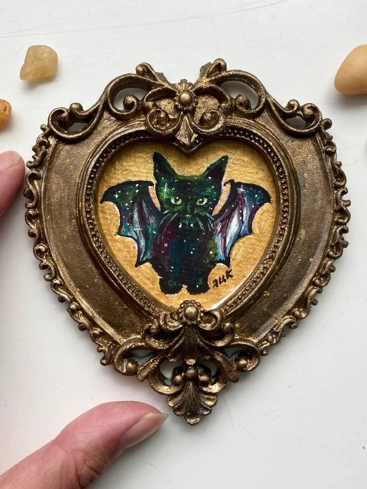 Bat Painting Small Framed Art Goth Painting Bat Gifts, Mini Gold Framed Decor, Cat Bat, Black Cat Art, Tiny Art Whimsigoth Decor