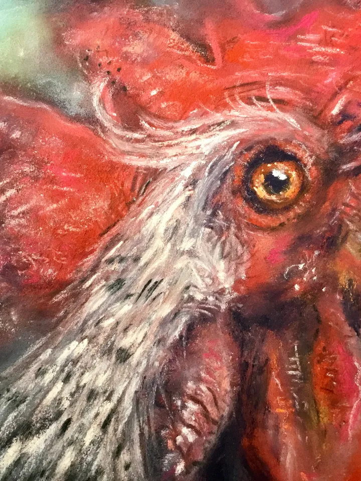Red rooster original soft pastel painting on cardboard,funny animals pastel art,small painting gift,kitchen wall decoration.