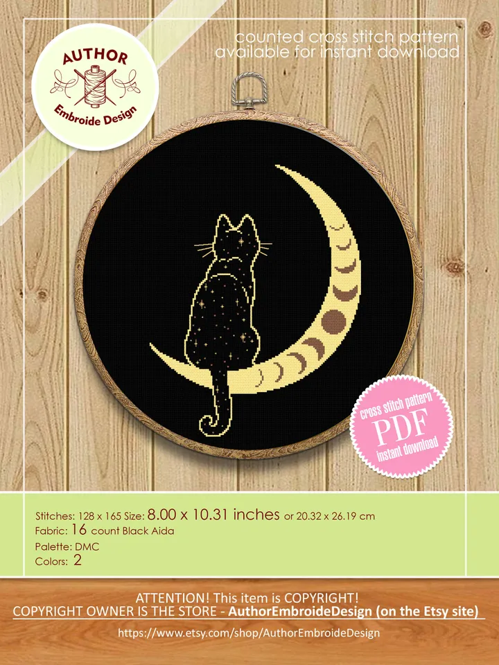 Mystical moon phase and cat cross stitch pattern download PDF Magic crescent moon cross stitch, Galaxy cat silhouette Boho cross stitch #K56