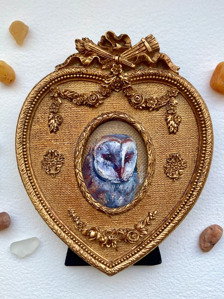 Owl Oil Painting Original In Vintage Style Heart Frame Small Framed Bird Art Barn Owl