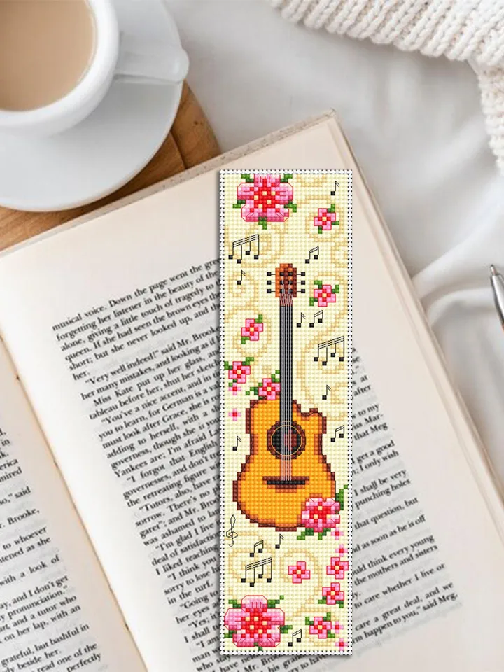 Music bookmark cross stitch pattern PDF download Acoustic guitar cross stitch chart, Flower bookmark pattern digital PDF Floral guitar #B408