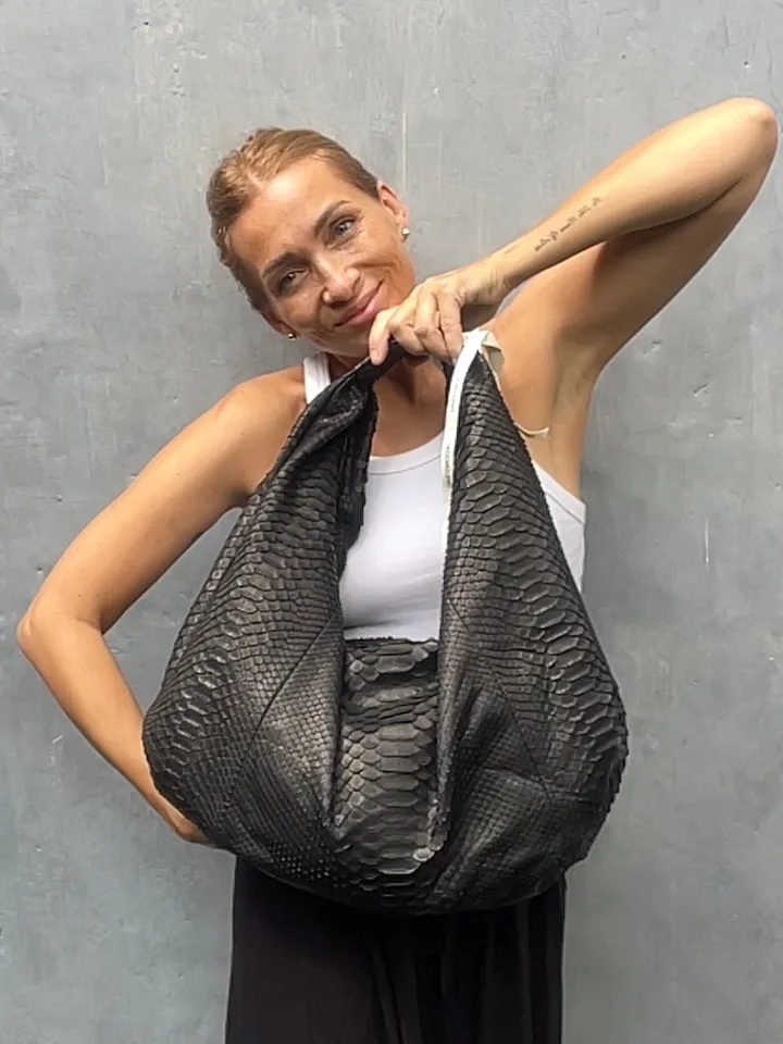 Big Soft Hobo Classy Sport Woman Bag | Purse Genuine Python Skin | Reptile Skin Products | Black Big Elegant Leather Designer Soft Bag Snake