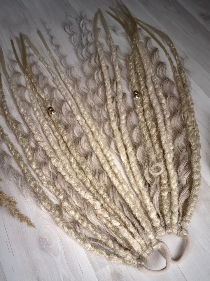 Blonde Dreads with Loose Waves on Elastic Hair Ties Featuring Curly Accents and Gold Beads for Boho Beach or Festival Styles