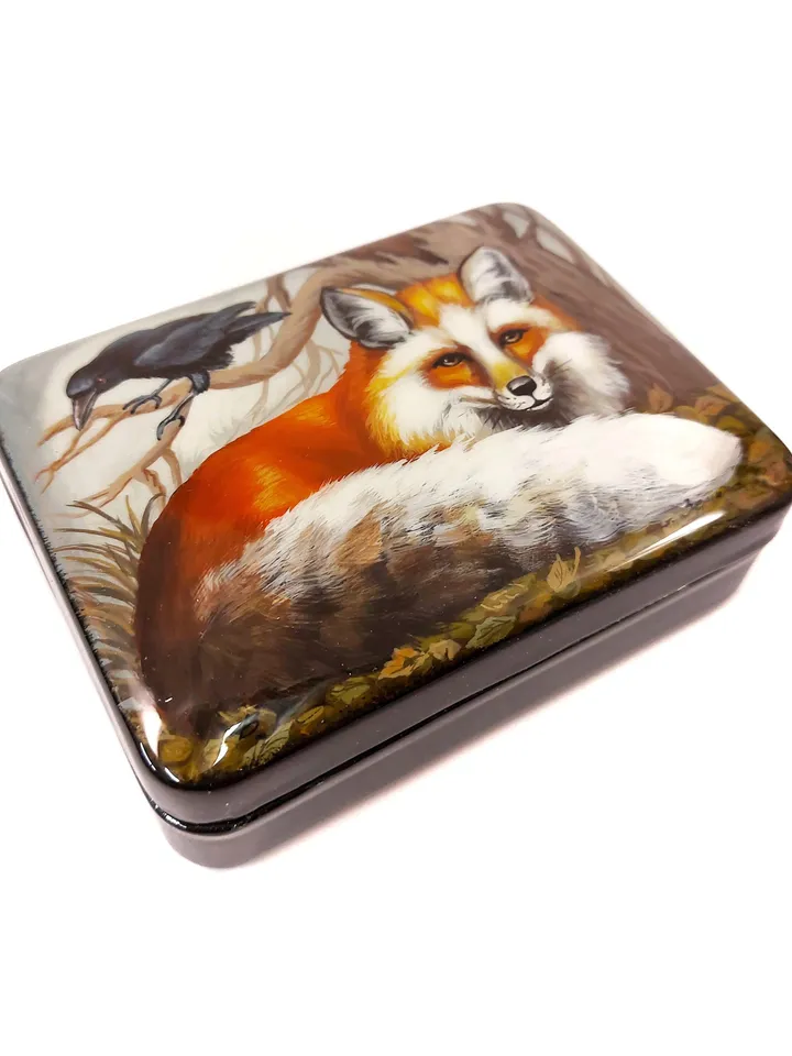 Russian lacquer box "Fox" Miniature hand-painted. Russian technique of lacquer painting.