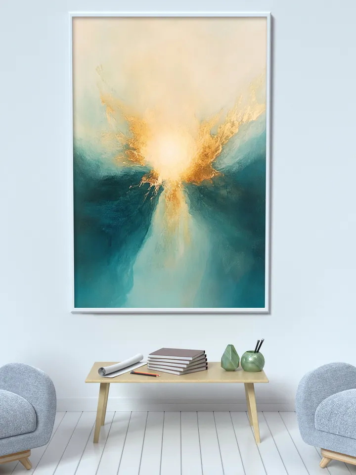 Hand-Painted Abstract Oil Painting | Modern Wall Art with Gold Accents | Stunning Blue and White Art for Living Room Home Decor