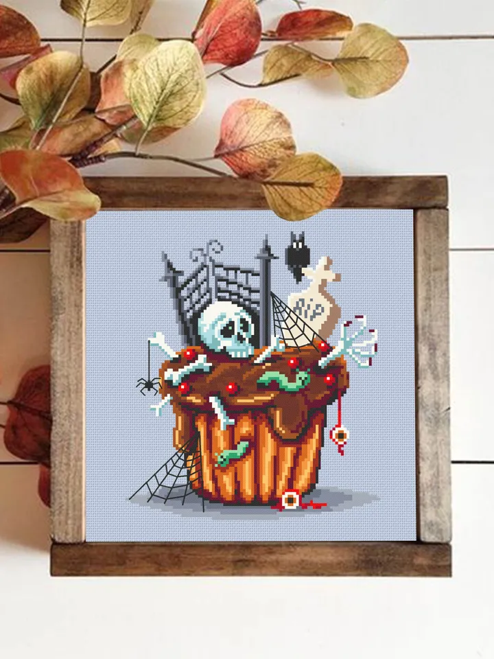 Halloween cupcake cross stitch pattern PDF download Sweet food cross stitch chart Halloween dessert pattern digital PDF Happy Halloween #S50
