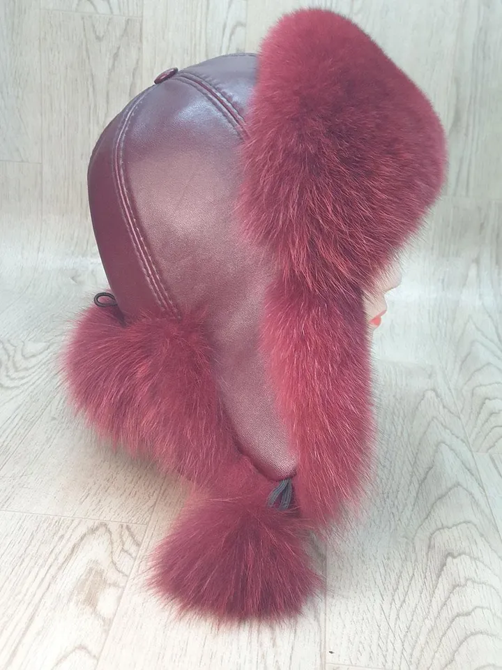 Women's Hat Zimushka from Fox. Fur hat from Natural Fur. Top of the Hat Genuine Leather. Winter hat. Handmade. Red hat made of arctic fur