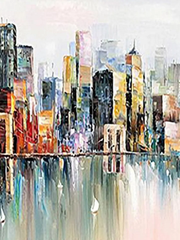Abstract Cityscape Oil Painting, Large Original Colorful Urban City Landscape Oil Painting on Canvas, Modern Blue Living Room Wall Art Decor