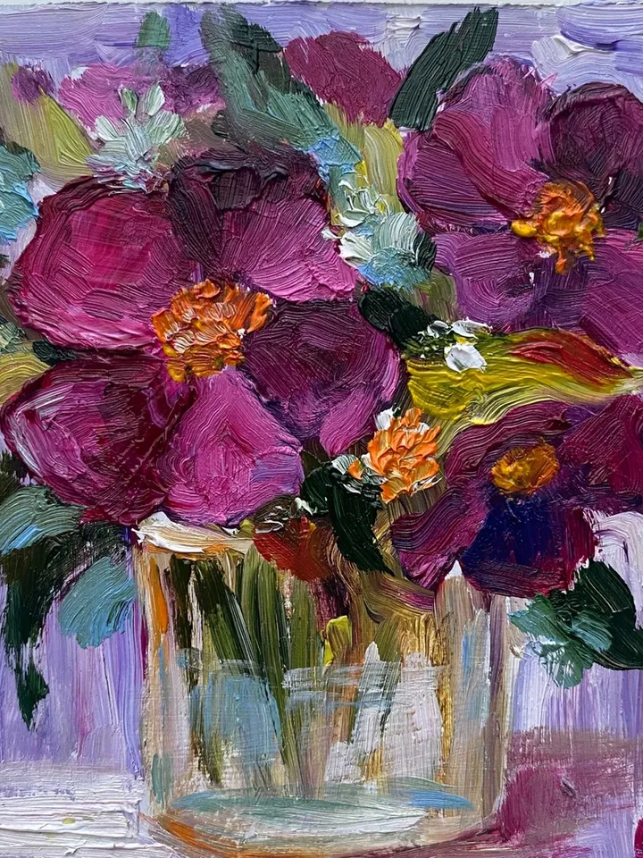 Mini oil painting "Pansies" impasto - a unique gift