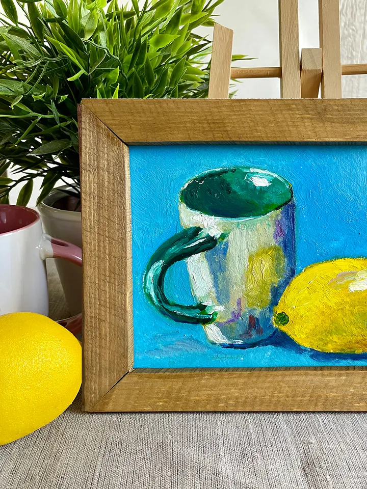 Lemon painting oil, original lemon and cup still life painting, fruit wall art, framed citrus painting, kitchen wall decor