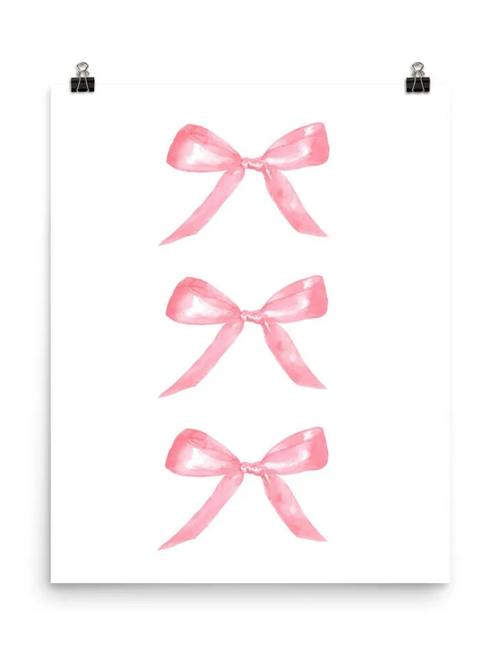 Pink Bow Painting Art Print, Watercolor Bow, Pink and White, Newborn Girl, Pink Chinoiserie Wall Art Print