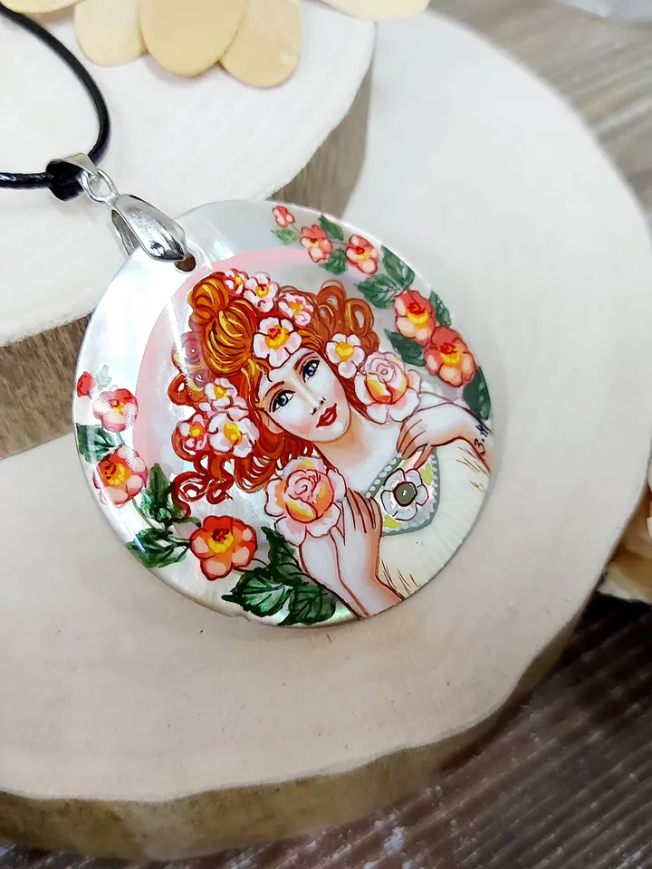 Pearl pendant necklace: Rose by Alphonse Mucha on aesthetic pendant. Handmade Floral jewelry with abalone mother-of-pearl. Gift for mother