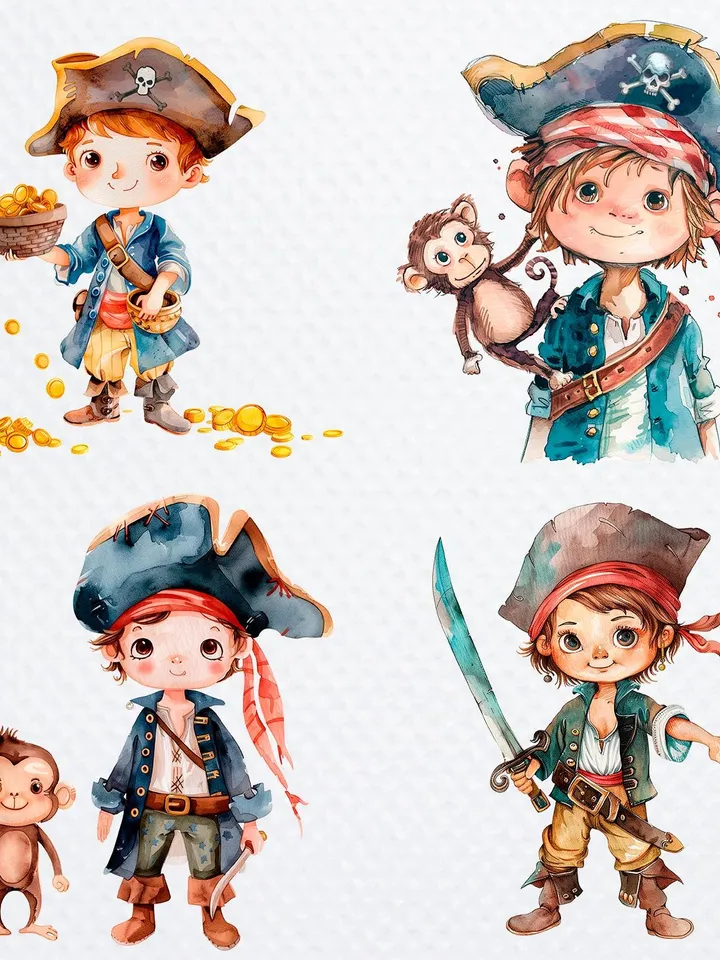 16 Cartoon Pirates PNG Bundle, Cute boy Pirates Printable Watercolor clipart for sublimation, High Quality PNGs, Paper craft, junk journals