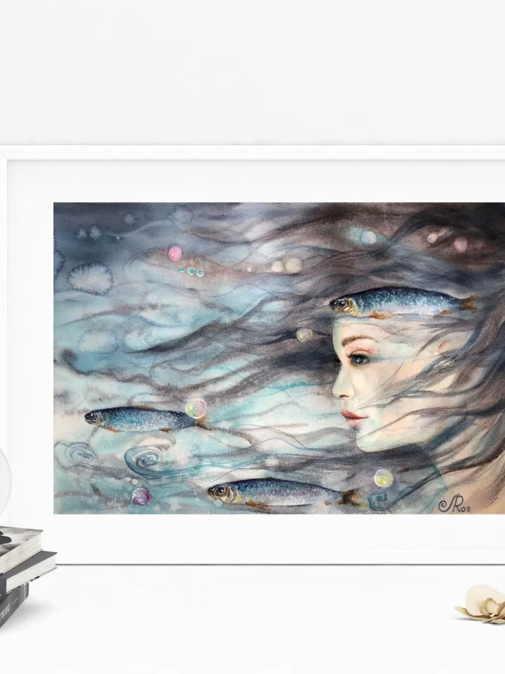 Mermaid Original Painting Woman Watercolor Artwork