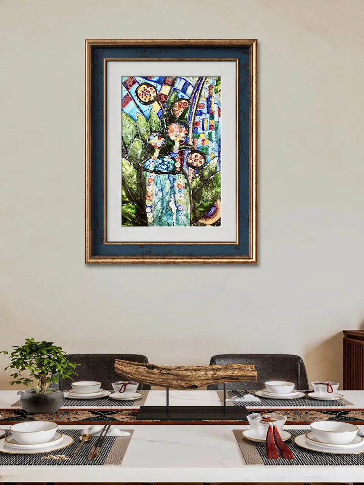 Poster from my original painting on glass,colourful flowers in a vase,unique design home decoration wall art.