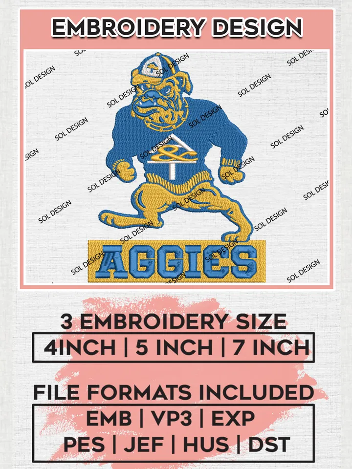 NCAA A&T Aggies College Football Team Mascot Logo Embroidery Design Files, NCAA North Carolina A&T Aggies Machine Embroidery, NCAA Teams, Game Day, 3 sizes, NCAA Machine embroidery designs, Digital Download