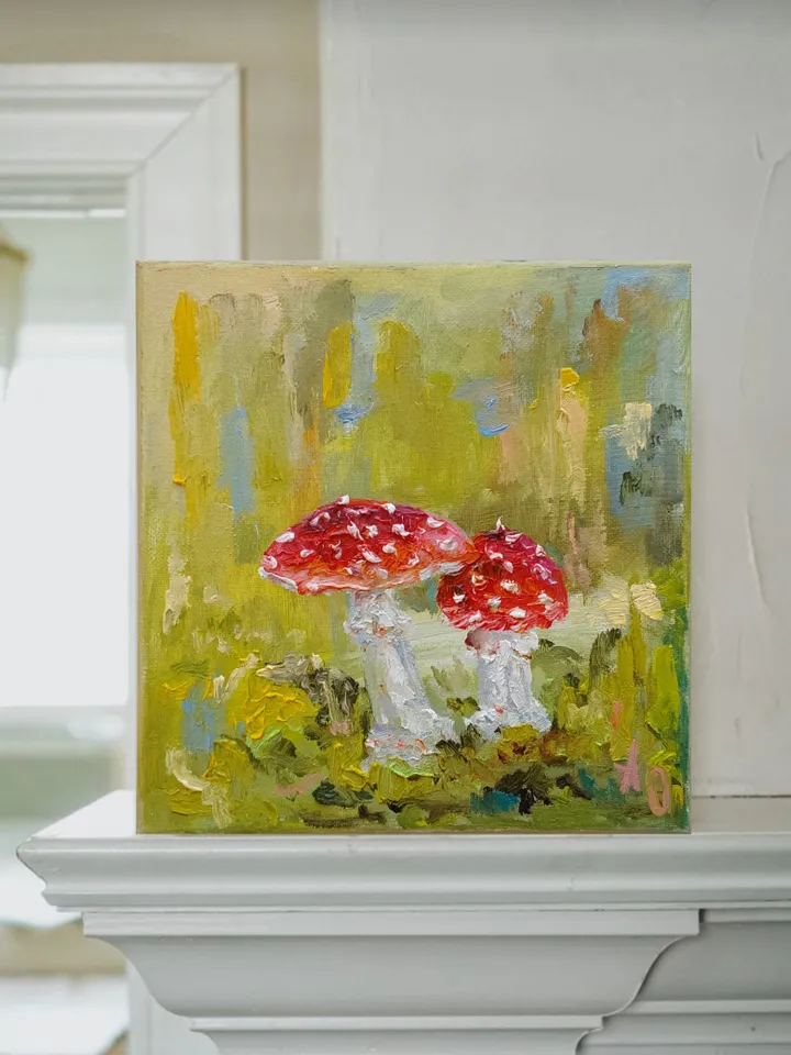 Oil painting on canvas "Mushrooms in the forest" 20x20cm (8x8inch)