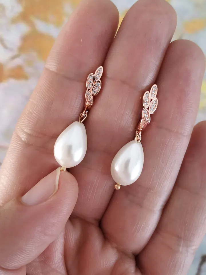 Pearl Rose Gold Boho Wedding Earrings, CZ Boho Bridal Earrings, Statement Wedding Jewelry, Pearl Wedding Jewelry, Gold Teardrop Earrings