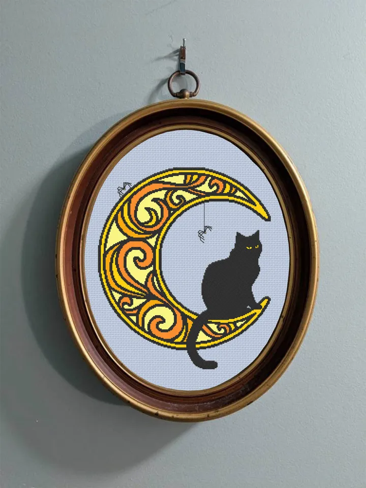 Halloween cat on crescent moon cross stitch pattern PDF download Black cat cross stitch chart, Mandala moon pattern digital PDF #M170