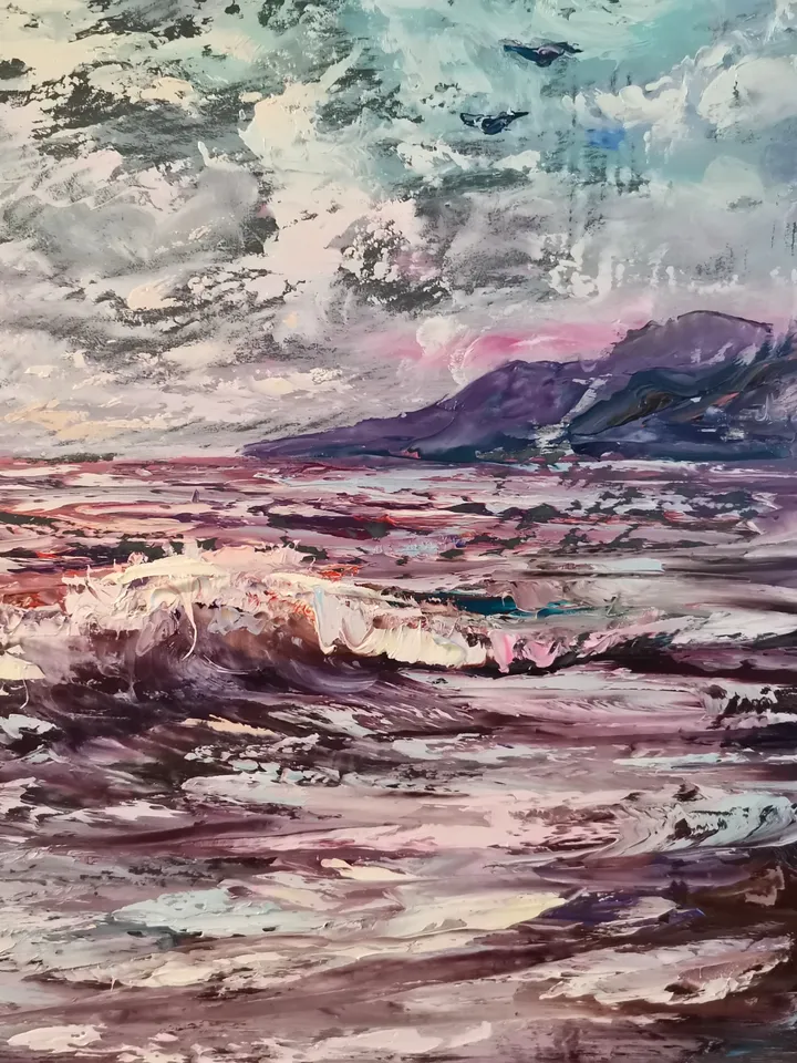Moon Night Mountains Sea Wave Original Art Oil Painting Artist Svinar Oksana