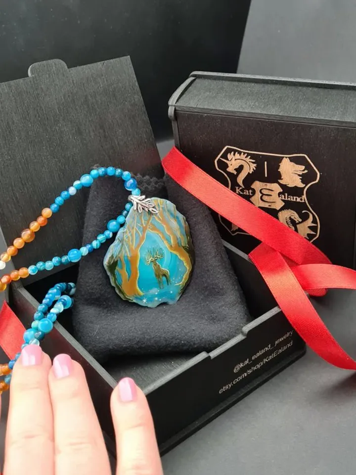 Deer necklace Agate necklace Real oil painting of deer Lacquer miniature