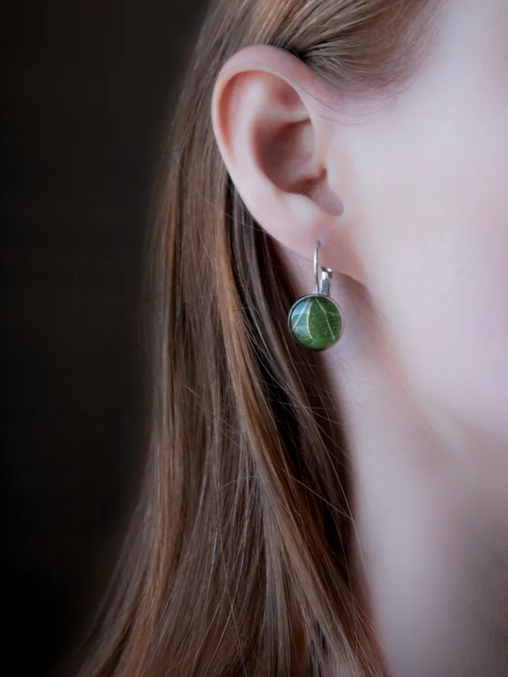 Green leaf earrings. Real leaves resin jewelry