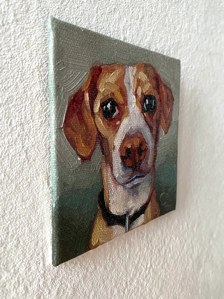 Dog oil painting original, Pet portrait artwork, Animal miniature wall art 4x4