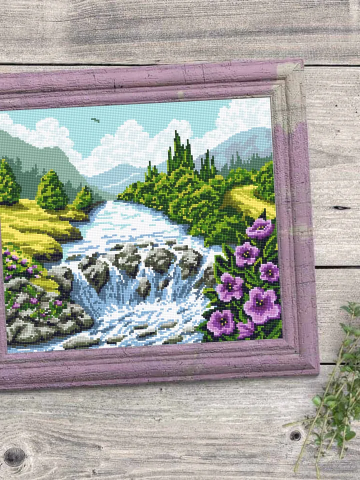 Nature cross stitch pattern PDF download Mountain waterfall landscape cross stitch chart, Nature pattern digital PDF, Nature lover gift #L38