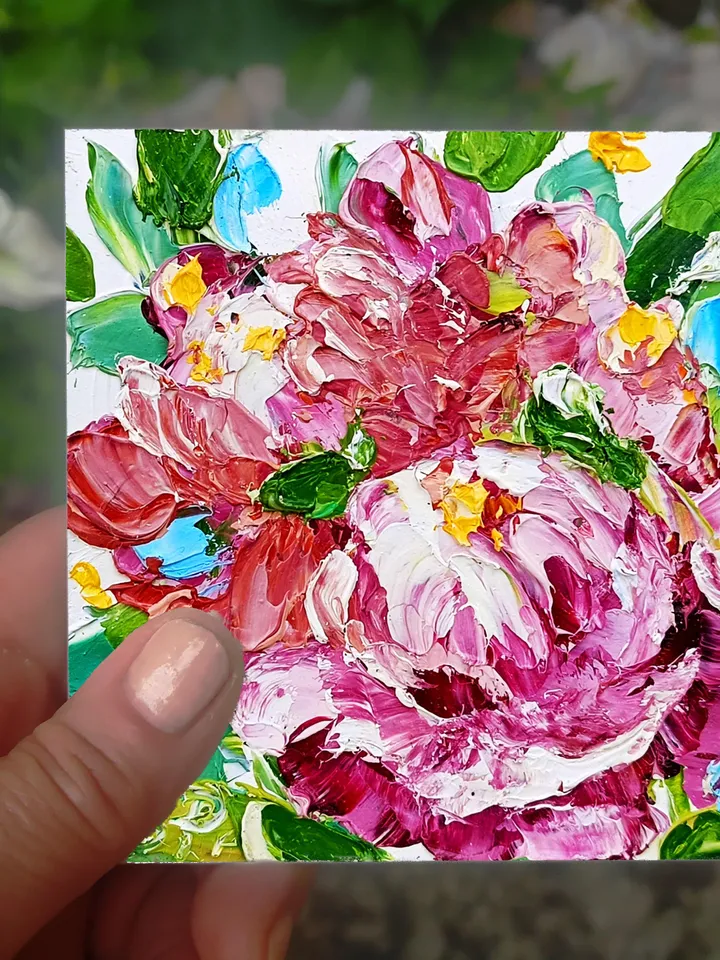 Peony Painting Gift Flower Original 4x4 Oil Impasto Boho Miniature Floral Painting Abstract Floral Boho Shabby Chic Art Cottage Wall Art